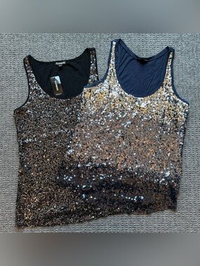 TWO Express Sequined Tank Tops Black & Navy Blue Size Small (1 NWT)